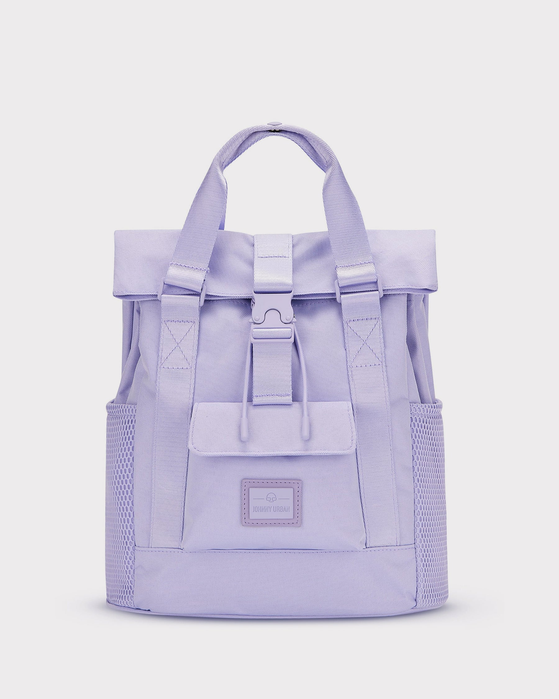 Lila-fliederfarbener Rucksack "Jules" mit zwei Schulterriemen, Fronttasche und Seitentaschen aus Mesh