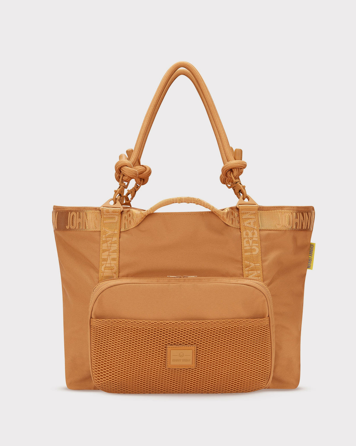 Shopper Tasche 'Cassie' von Johnny Urban in karamellbraun mit doppeltem Griff und vorderer Netztasche
