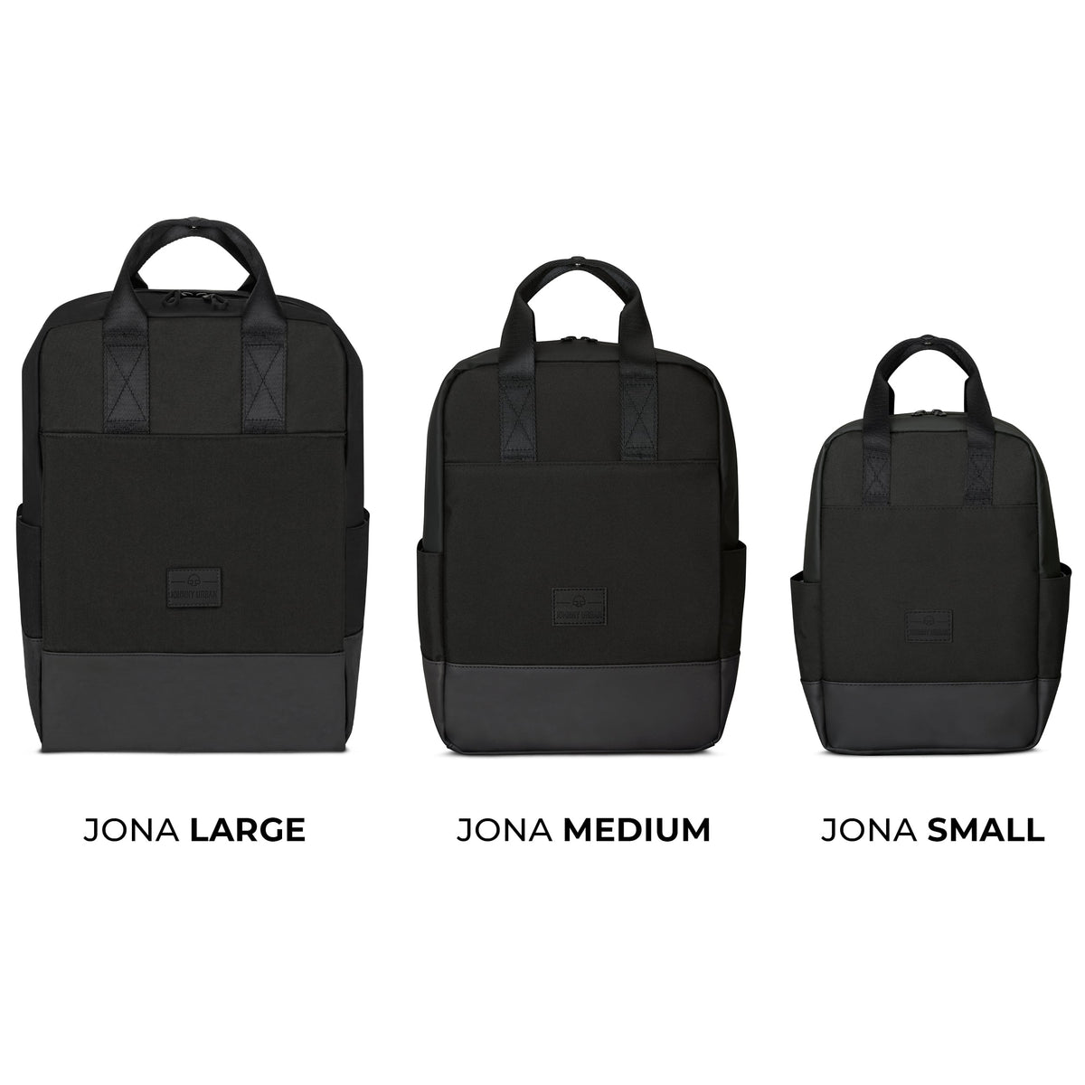 Drei Johnny Urban Jona Rucksäcke in den Größen Large, Medium und Small in schwarz mit grauem Boden