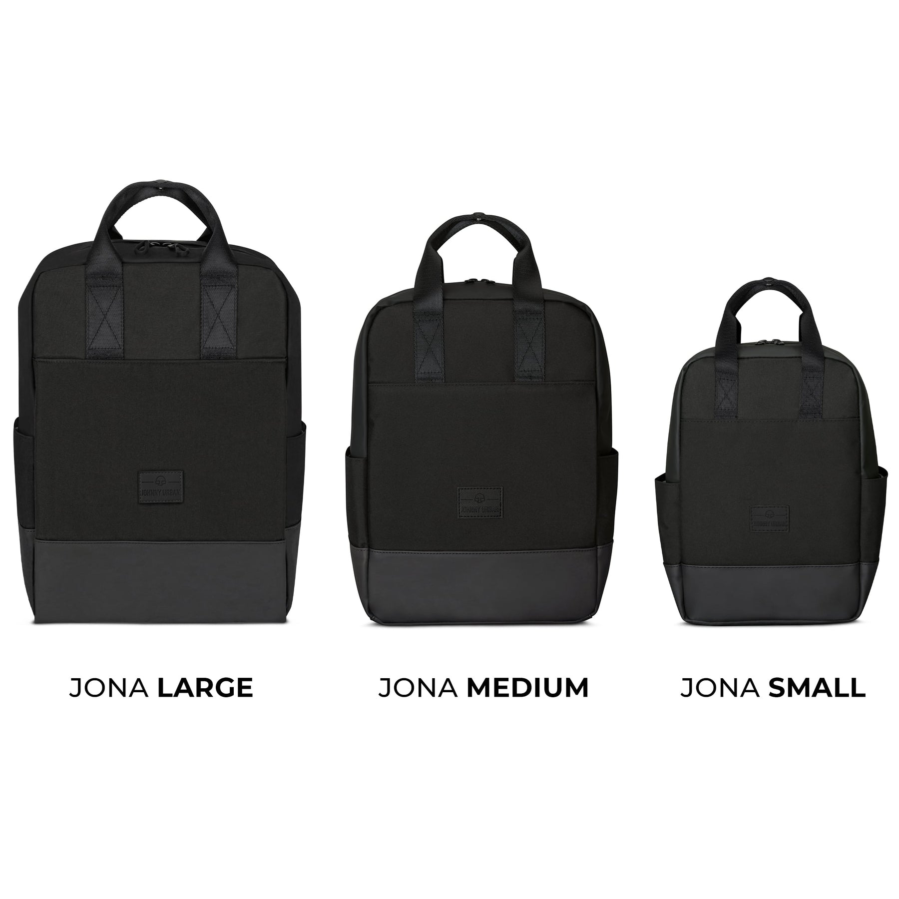 Drei Johnny Urban Jona Rucksäcke in den Größen Large, Medium und Small in schwarz mit grauem Boden