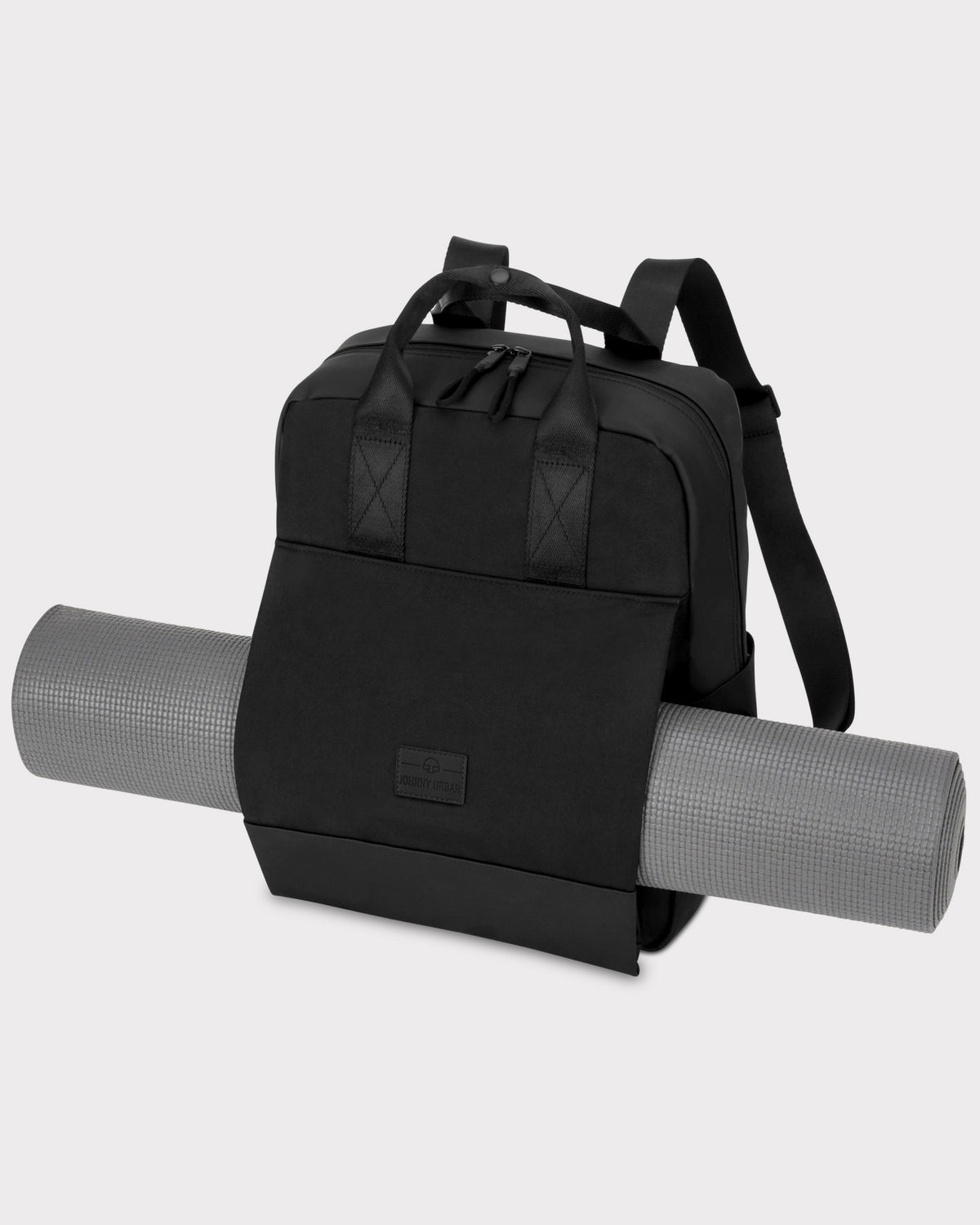 Schwarzer Jona Large Rucksack mit Halterung für eine graue Yogamatte vorne